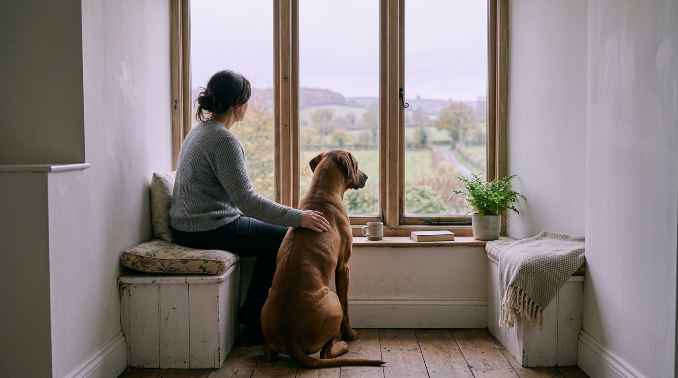 Eine Frau sitzt an einem Fenster, neben ihr ein Rhodesian Ridgeback; beide schauen hinaus.