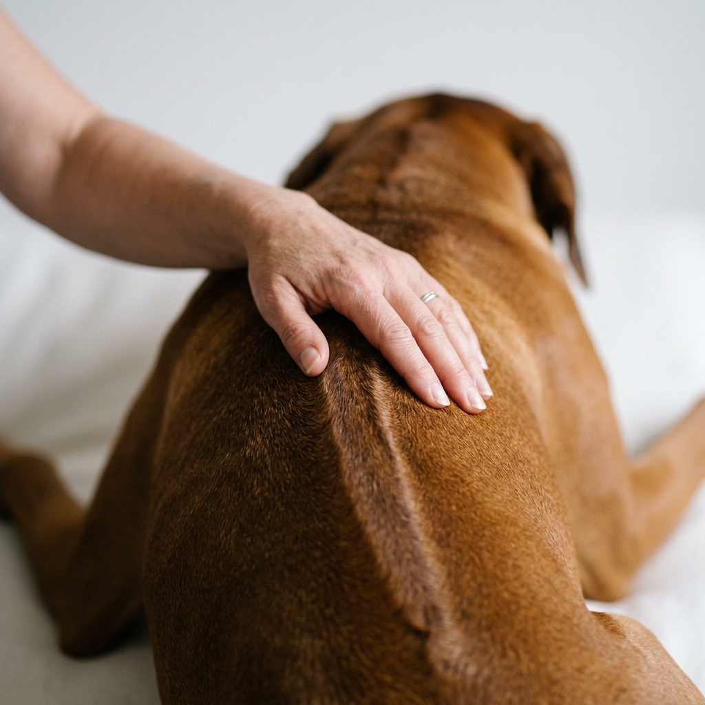 Eine Hand liegt ruhig auf dem Rücken eines Hundes.